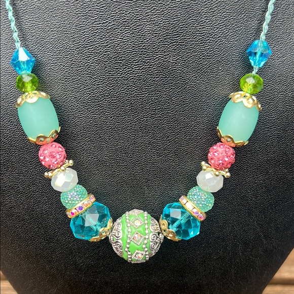 Handmade Colorful Pink & Blue Beaded Statement Necklace – Boho Glam Style - Picture 2 of 6